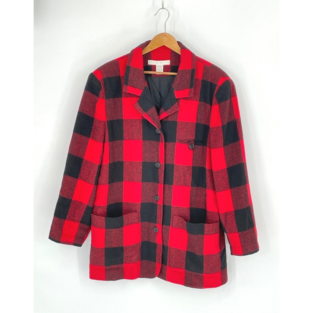 The Limited Women Blazer M/L Jacket Red Black Buffalo Plaid Wool Blend Preppy - Picture 1 of 9